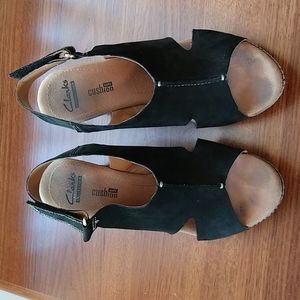 Clarks Black Suede Wedge Sandals